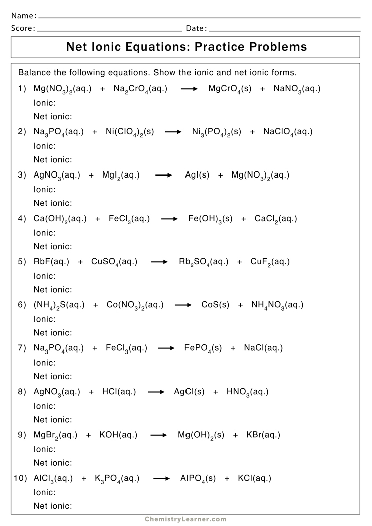 Net Ionic Equation Worksheets Chemistry Learner