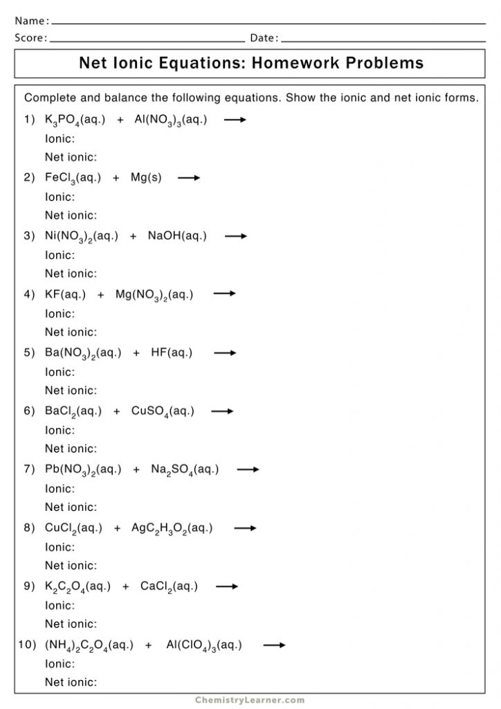 Net Ionic Equation Worksheets Chemistry Learner