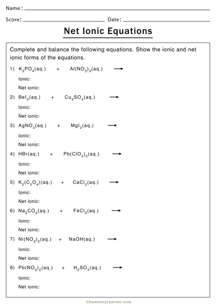 Net Ionic Equation Worksheets Chemistry Learner