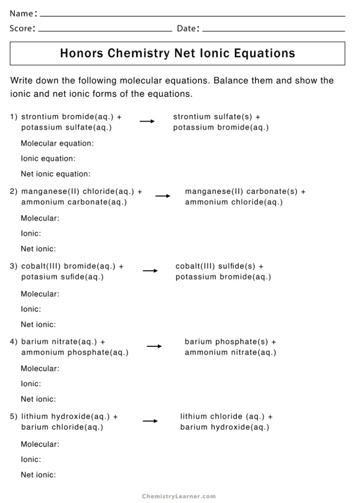 Net Ionic Equation Worksheets Chemistry Learner