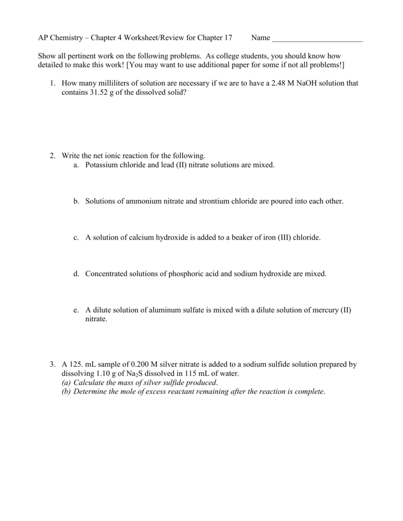 Net Ionic Equations Advanced Chem Worksheet 10 4 Answer Key Tessshebaylo