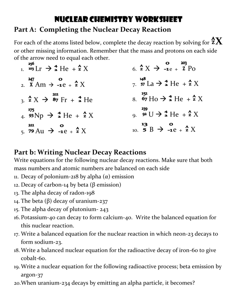 Nuclear Chemistry Worksheet