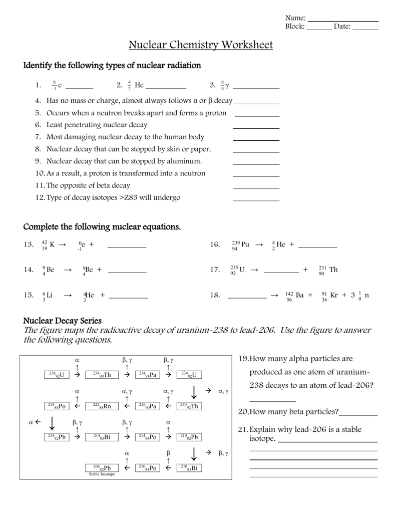 Nuclear Chemistry Worksheet Answer Key Em 2020