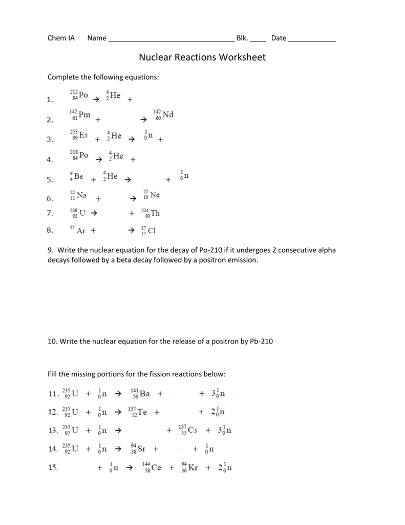 Nuclear Chemistry Worksheet Chapter 25 SIXMILLIONLIES