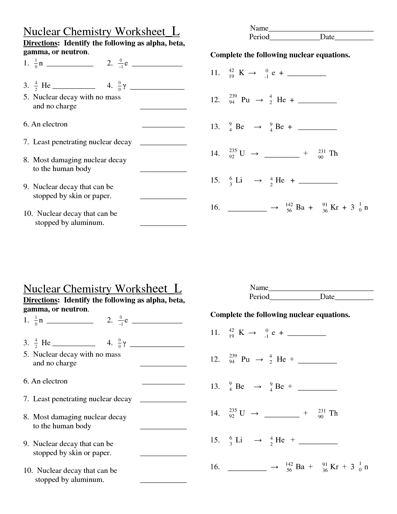 Nuclear Chemistry Worksheet DOC Chemistry Worksheets Math Review 