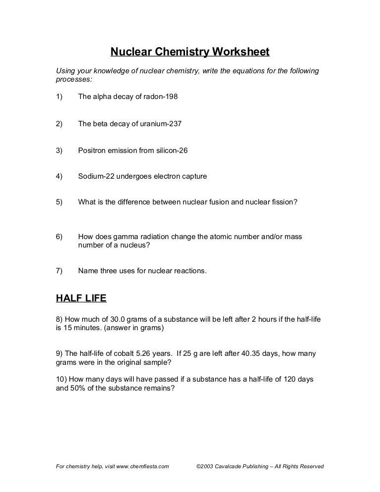 Nuclear Decay Worksheet Answer Key Nuclear Chemistry Half Life 