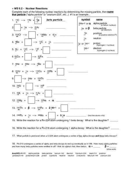 Nuclear Decay Worksheet Answers Key Ws 6 2 Nuclear Reactions Worksheet