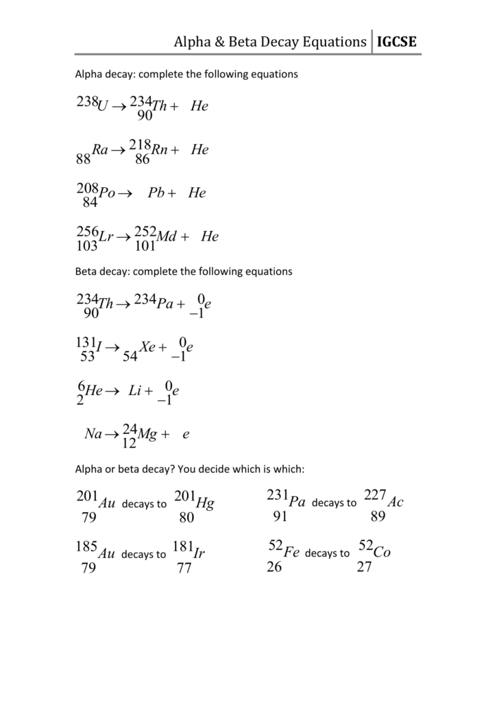 Nuclear Equations Alpha And Beta Decay Worksheet Answers Tessshebaylo