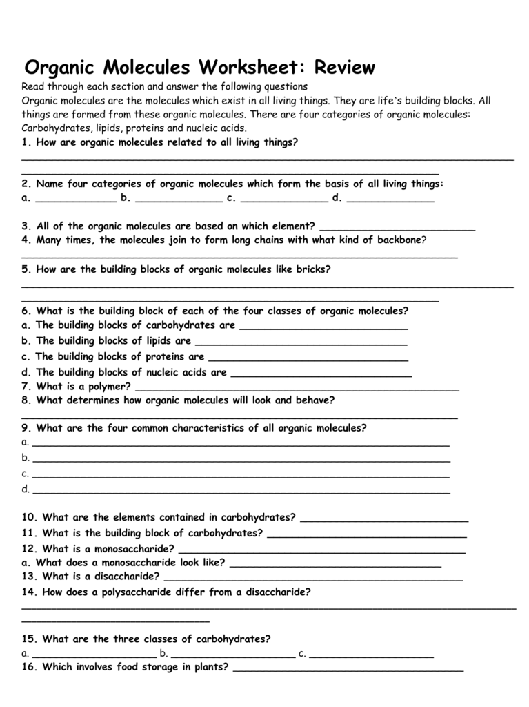 Organic Molecules Worksheet Review