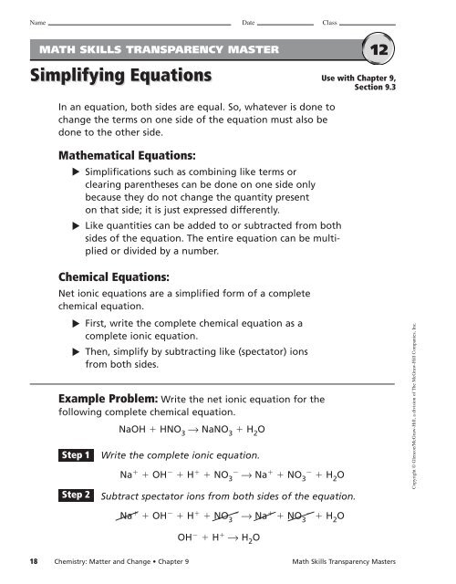 Parts Of A Balanced Chemical Equation Teaching Transparency Worksheet 