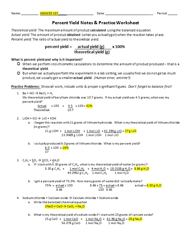 Percent Yield Notes Practice Worksheet DocsBay