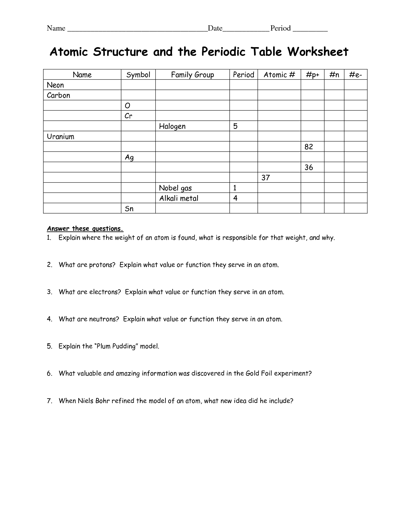 Periodic Table Trends Worksheet Answers Chemistry A Study Of Matter 