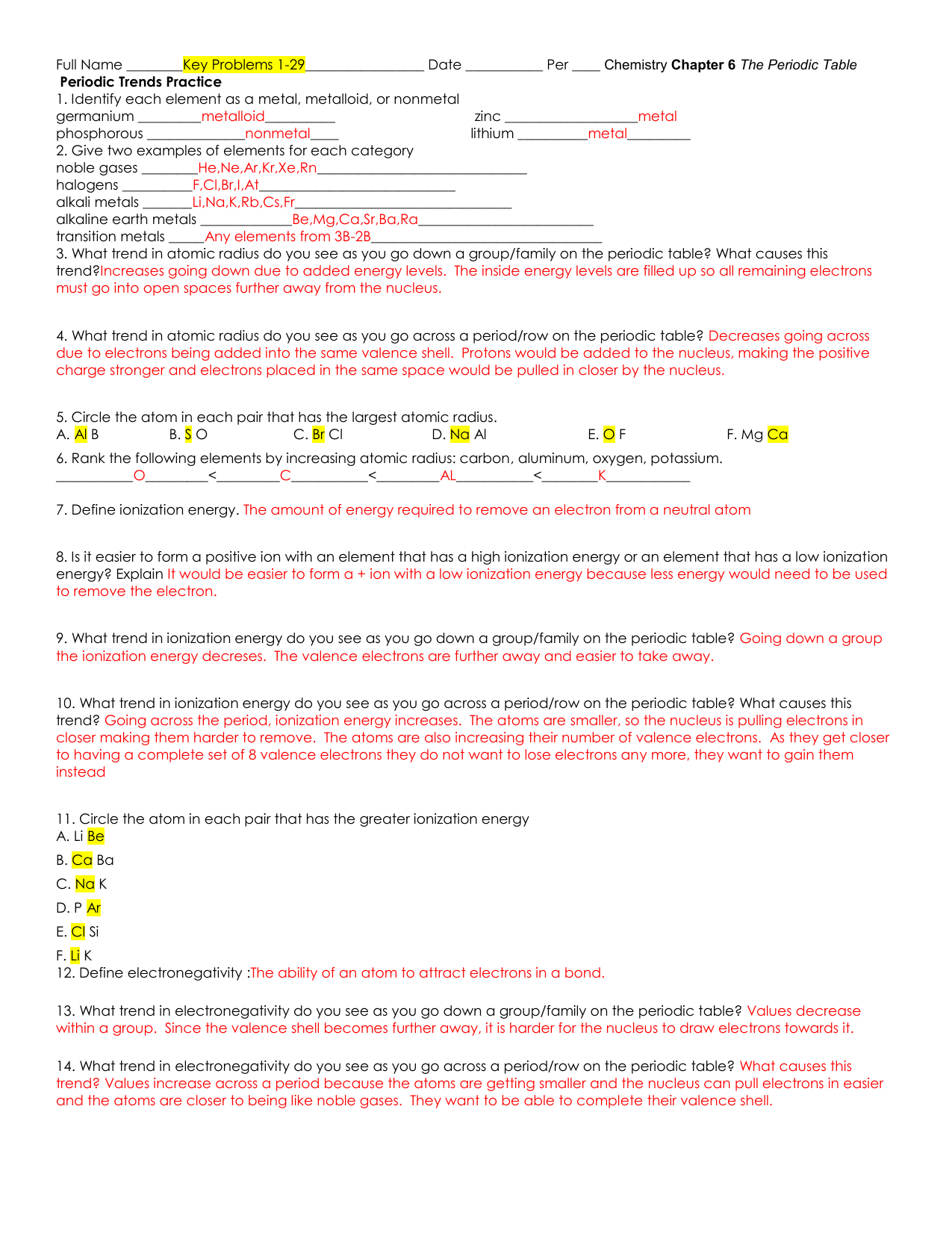 Periodic Trends Practice Answer Key