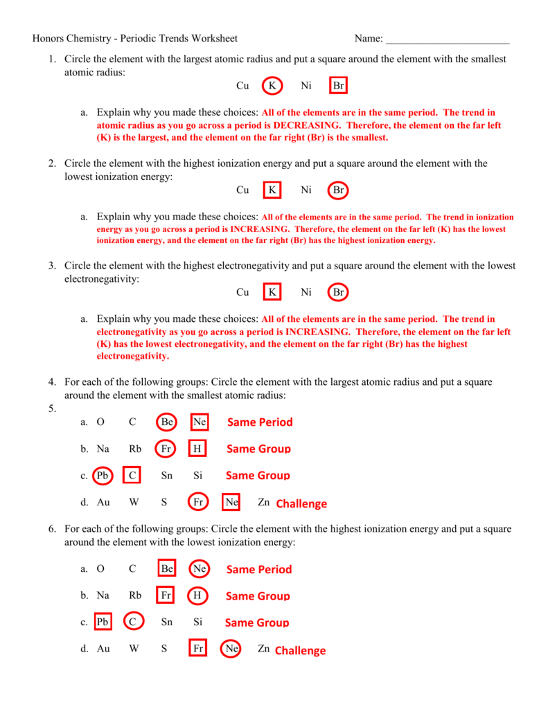 Periodic Trends Worksheet Answers