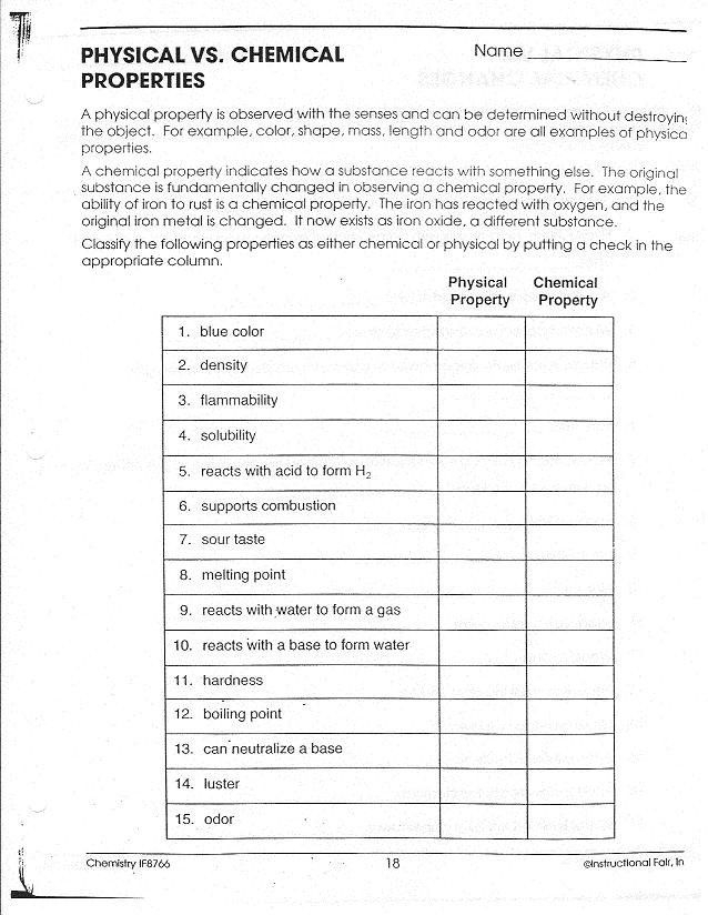 Physical And Chemical Properties Worksheet Chapter 2 Worksheet Physical 