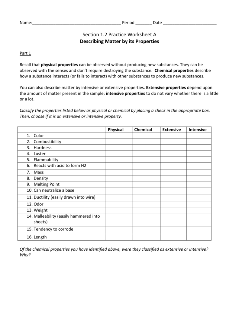 Physical Or Chemical Properties Describe Matter Worksheet Answers PHYSICN