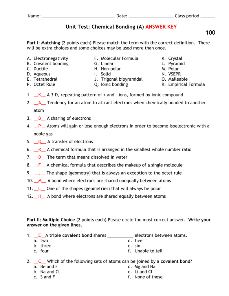 Practice Bonding Test Answer Key Db excel