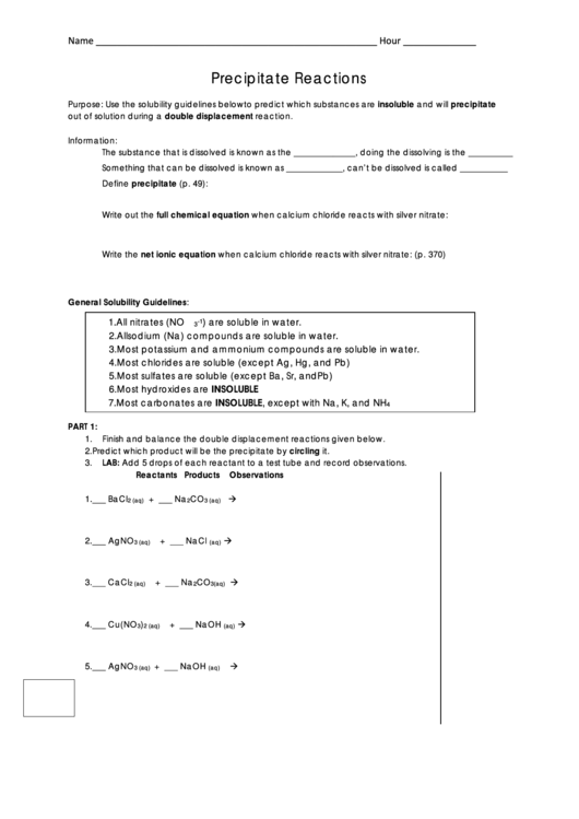 Precipitate Reactions Worksheet Printable Pdf Download