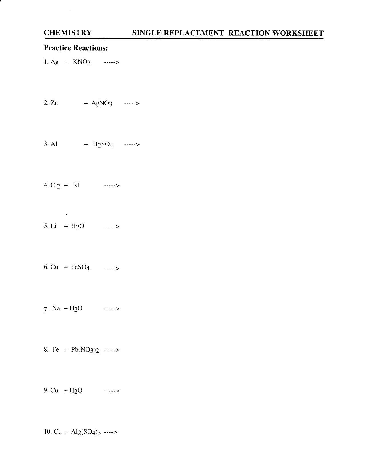 Predicting Products For Single Replacement Reactions Worksheet 1 Answers