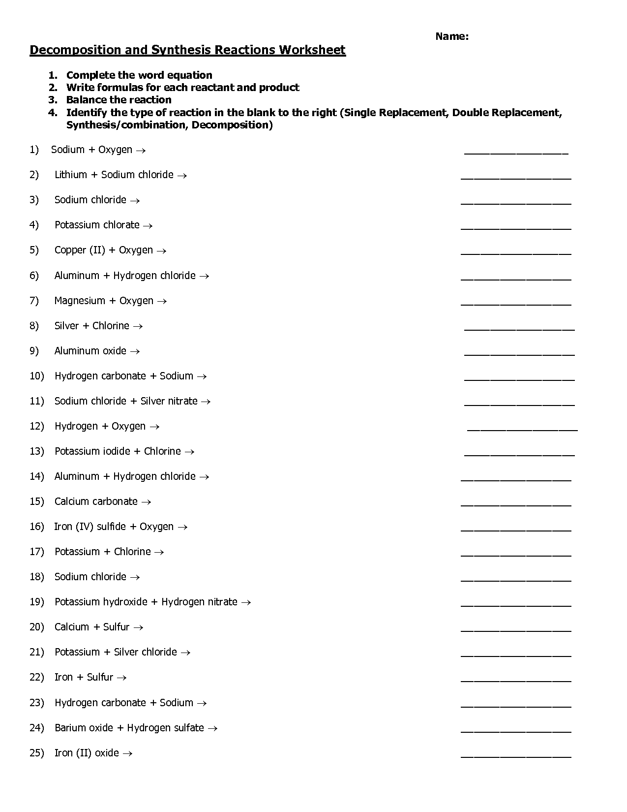 Predicting Products For Single Replacement Reactions Worksheet 1 Answers