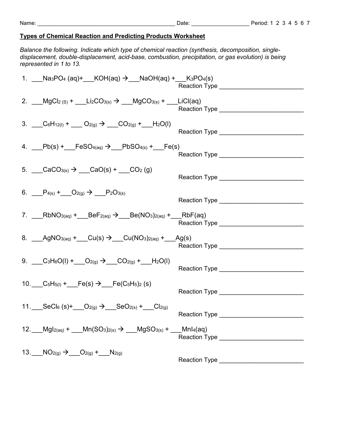 Predicting Products Of Chemical Reactions Worksheet