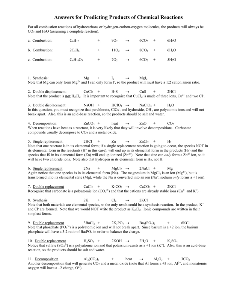 Predicting Products Of Reactions Chem Worksheet 10 4 Answer Key Db