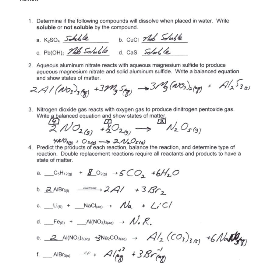 Predicting Products Of Reactions Chem Worksheet 10 4 Answer Key