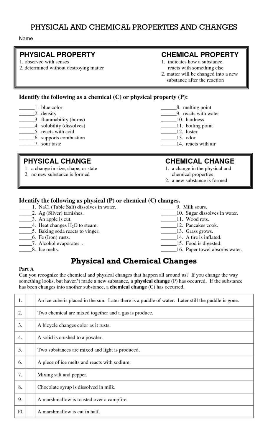 Proficiency Worksheet Physical And Chemical Changes Chemical And 