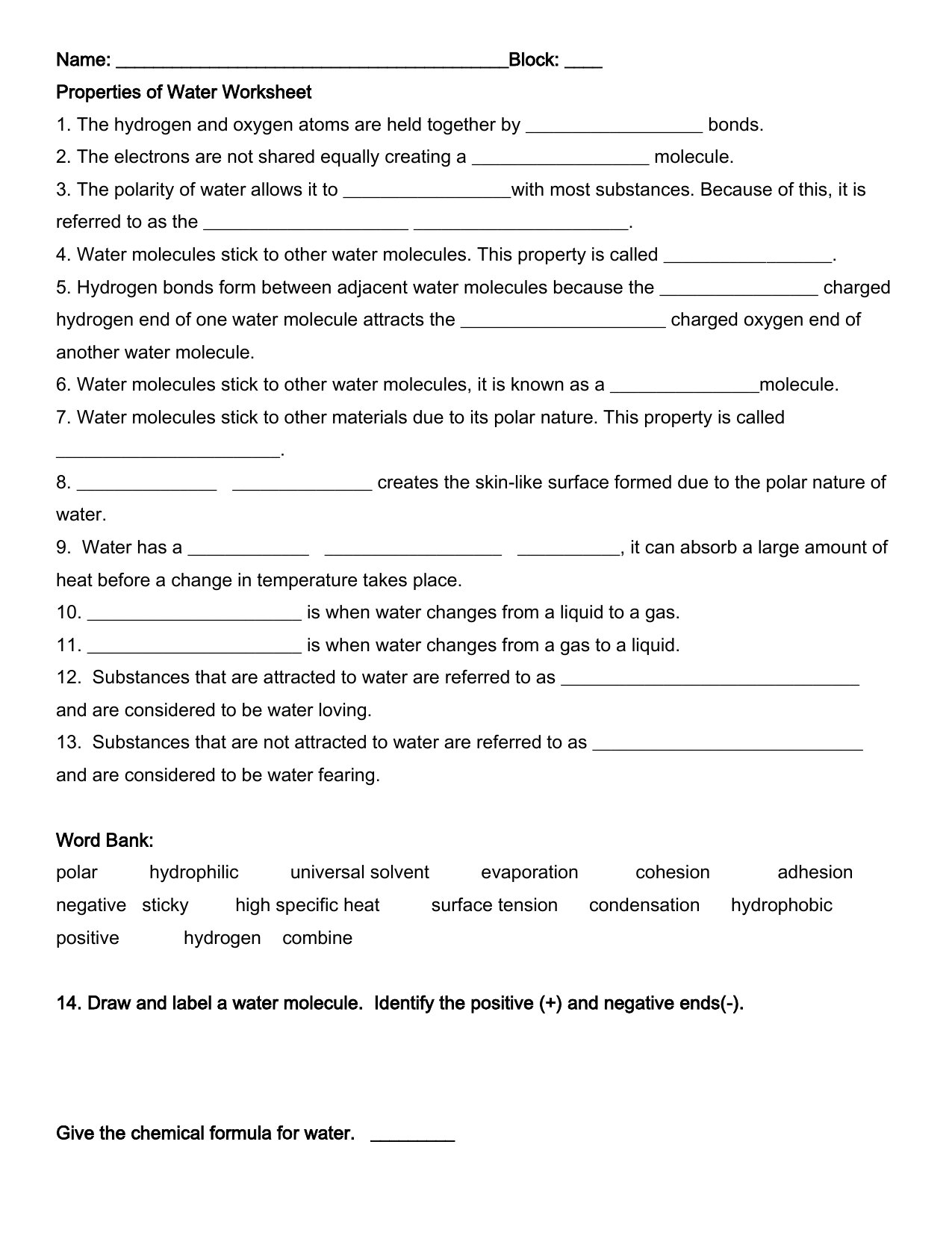 Properties Of Water Worksheet Biology Worksheet Properties Of Water 