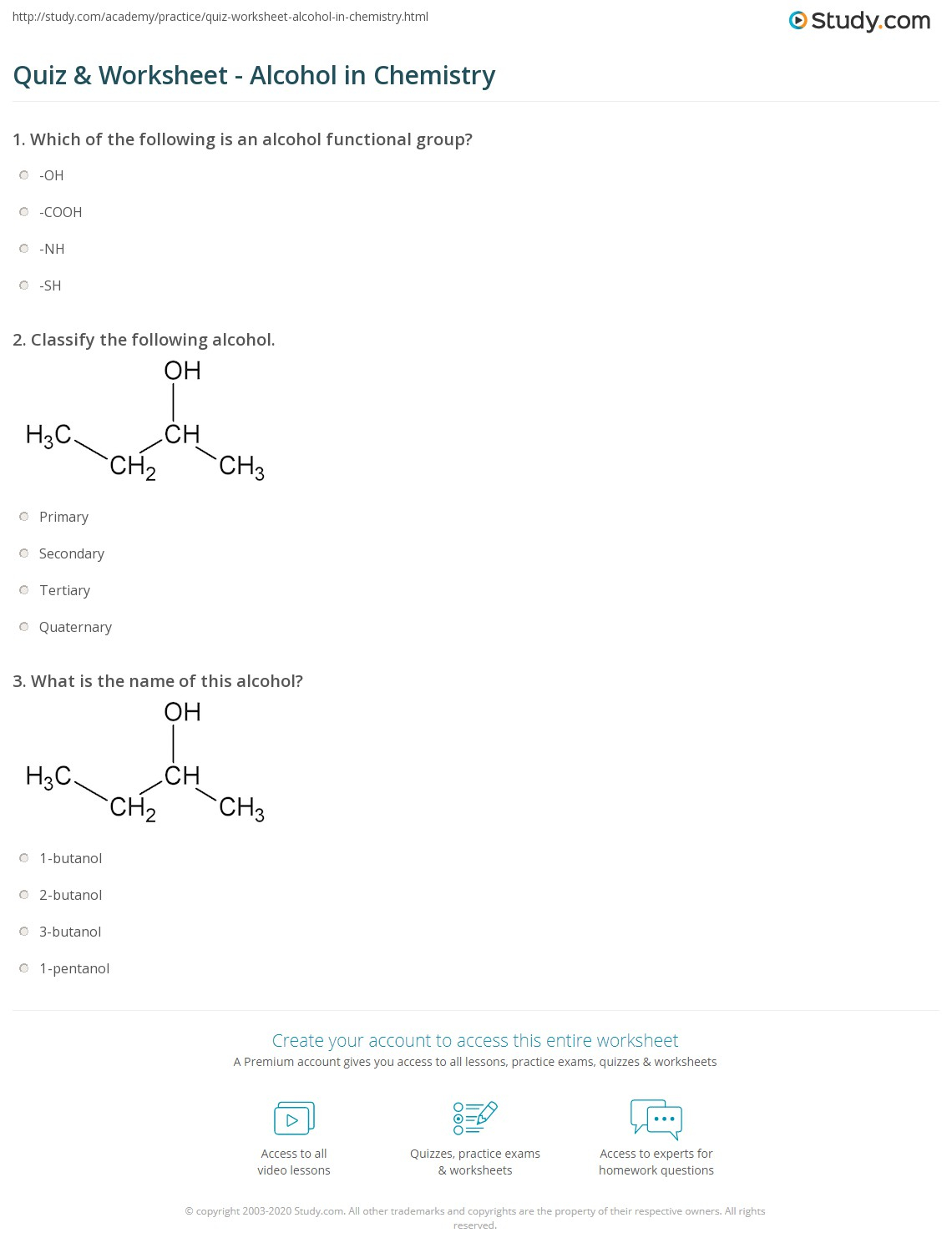 Quiz Worksheet Alcohol In Chemistry Study