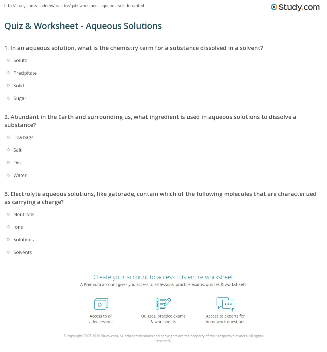 Quiz Worksheet Aqueous Solutions Study