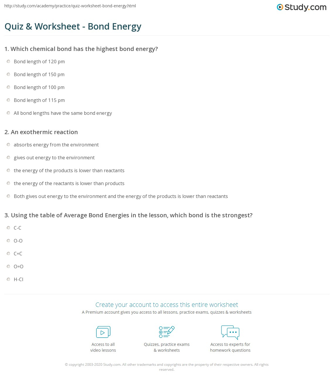 Quiz Worksheet Bond Energy Study