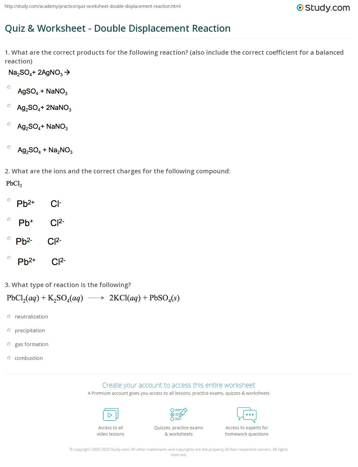 Quiz Worksheet Double Displacement Reaction Study