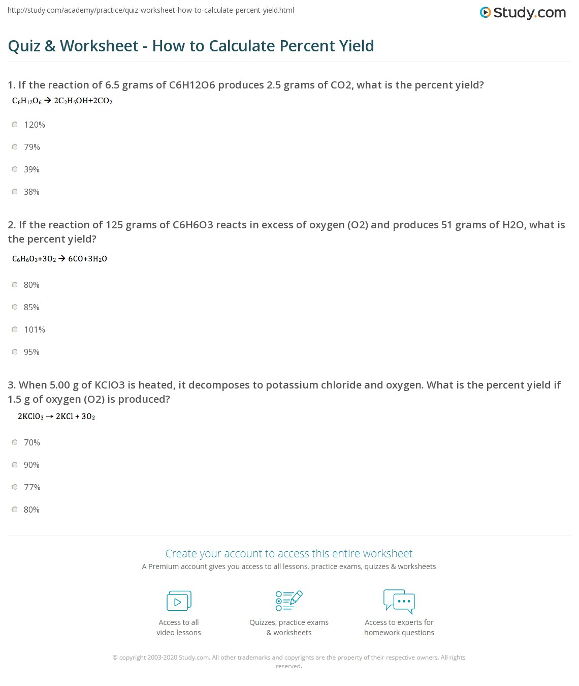 Quiz Worksheet How To Calculate Percent Yield Study