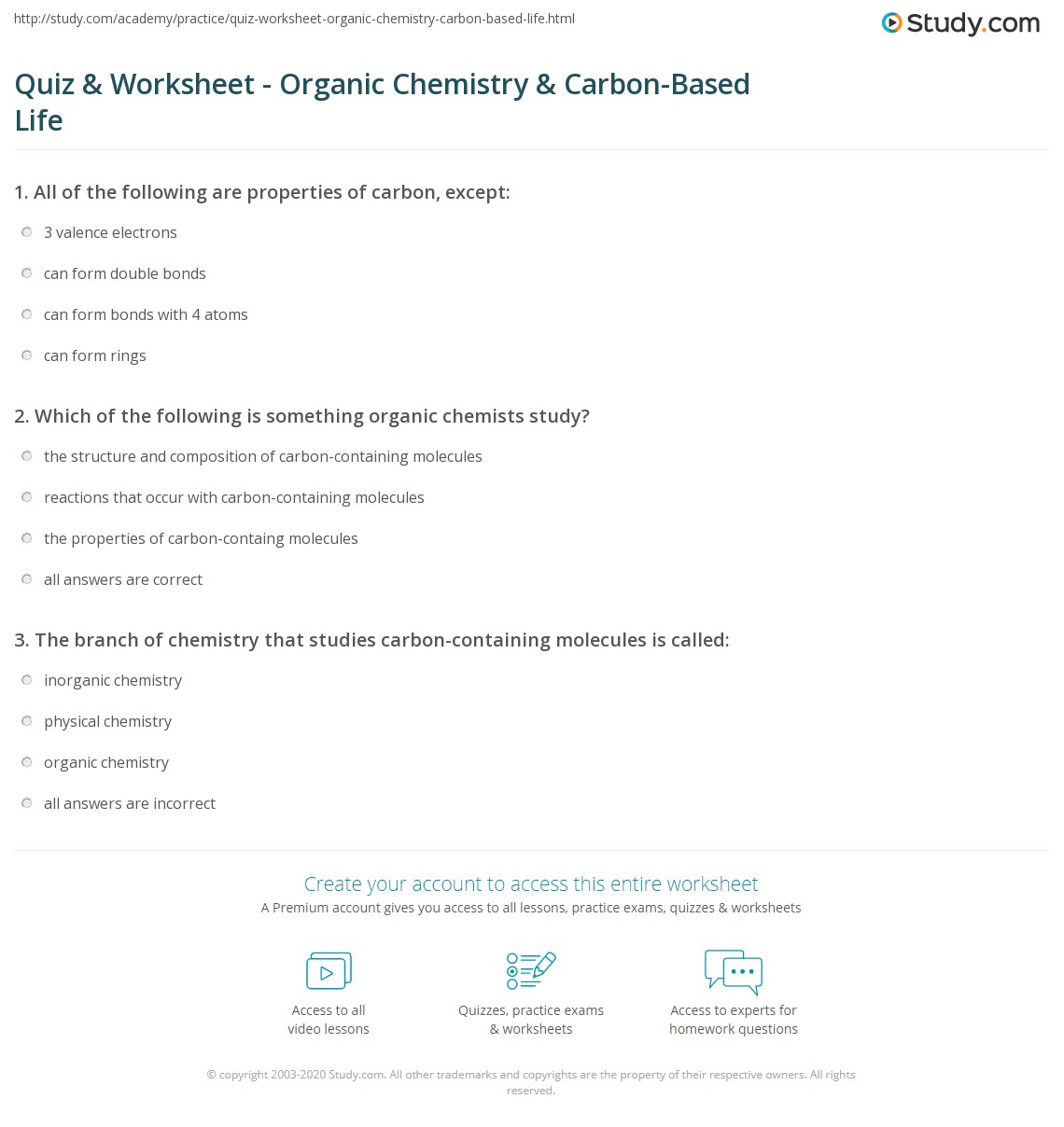 Quiz Worksheet Organic Chemistry Carbon Based Life Study