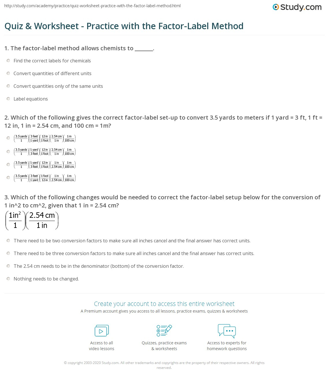 Quiz Worksheet Practice With The Factor Label Method Study