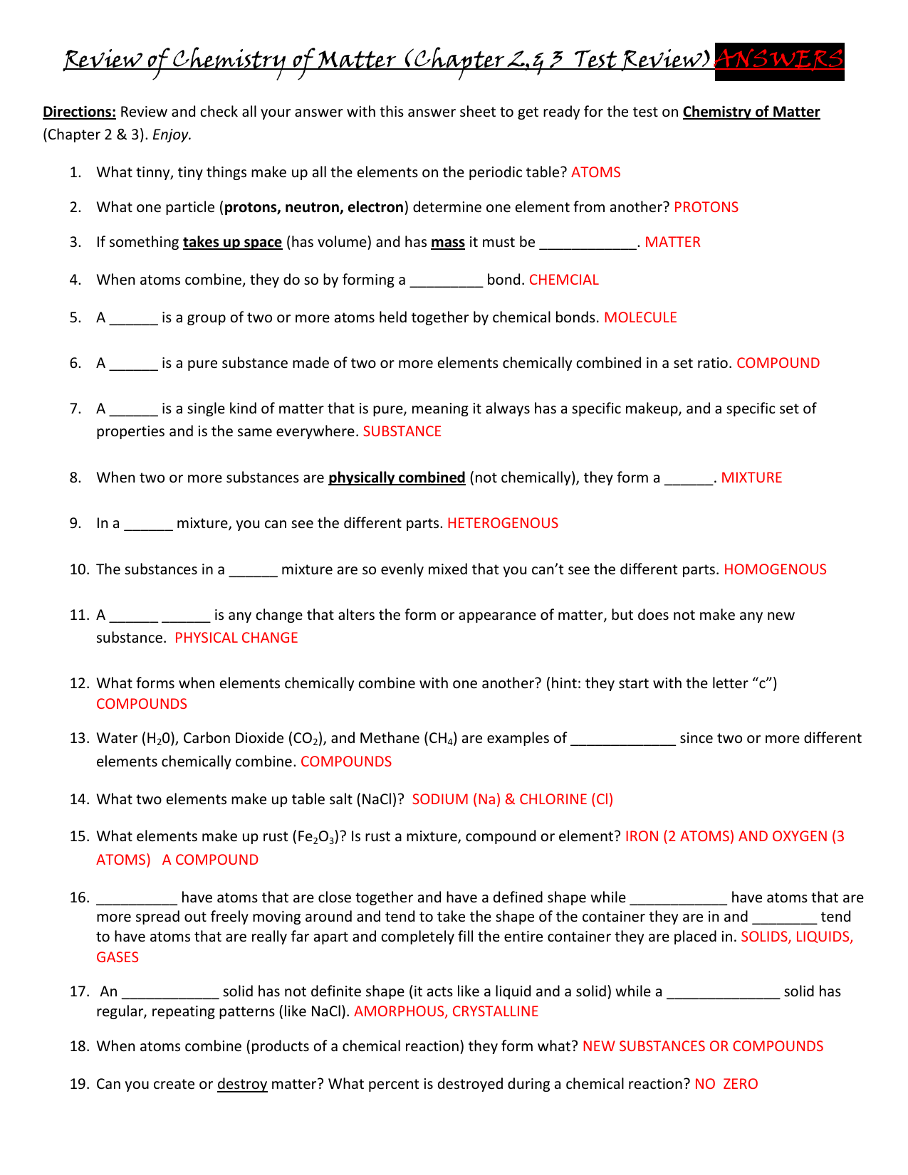 Review Of Chemistry Of Matter Chapter 2 3 Test Review ANSWERS