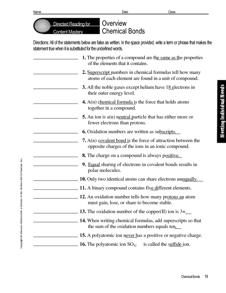 Science Answers For Chapter 3 Directed Reading Worksheet Science 