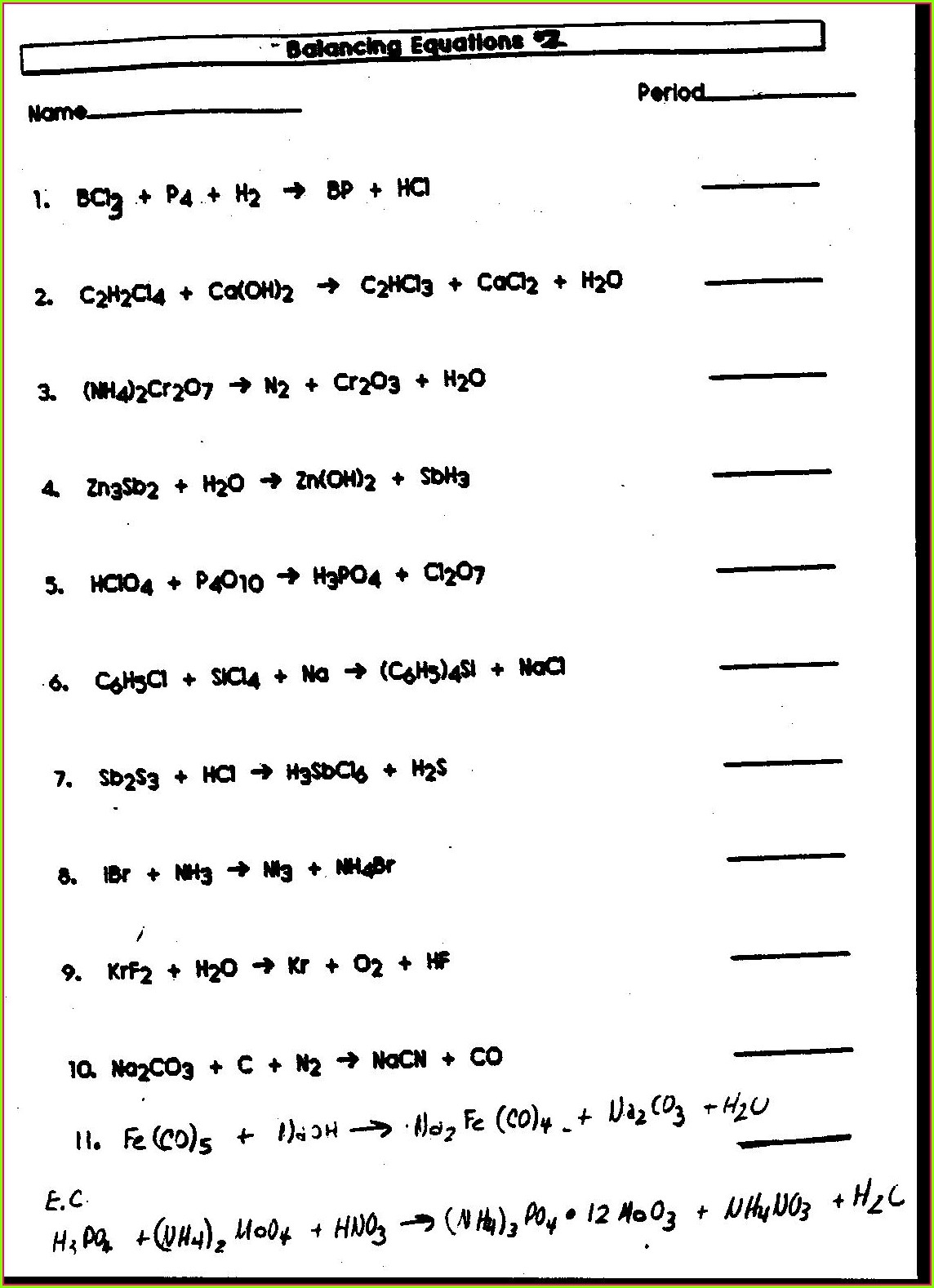Science Balancing Equations Worksheet With Answers Worksheet Resume