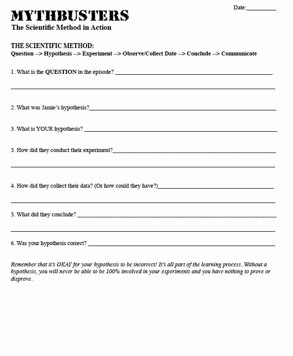 Scientific Method Worksheet Answers Fresh Mythbusters Scientific Method 