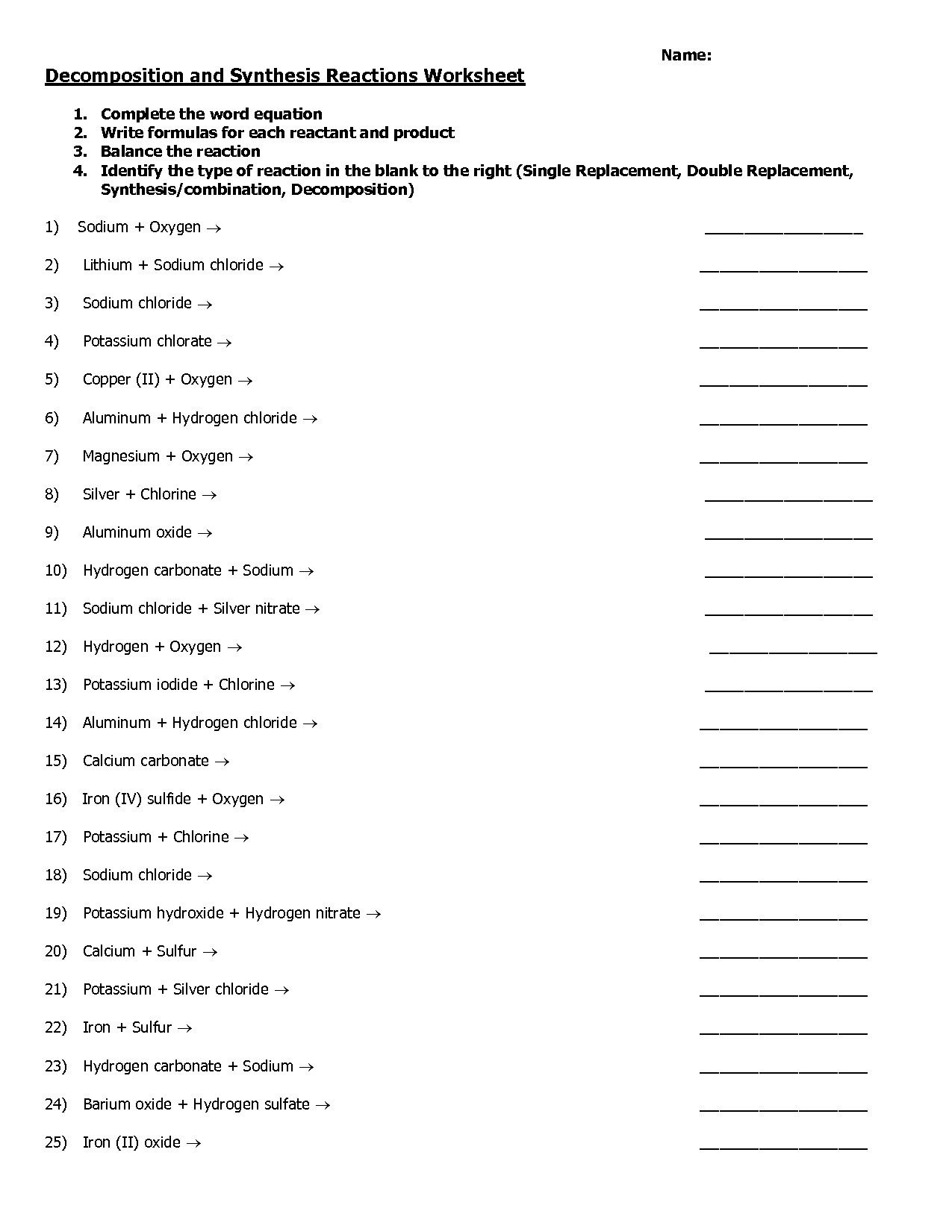 Single And Double Replacement Reactions Worksheet Worksheet