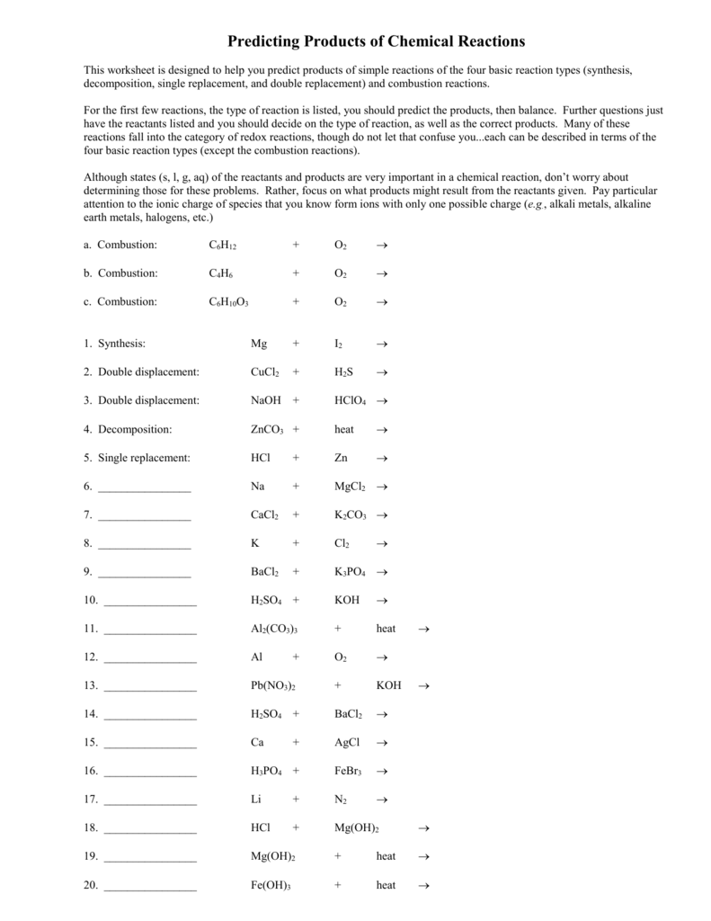 Single Replacement Reaction Worksheet Worksheet 9c Chemical Reactions 