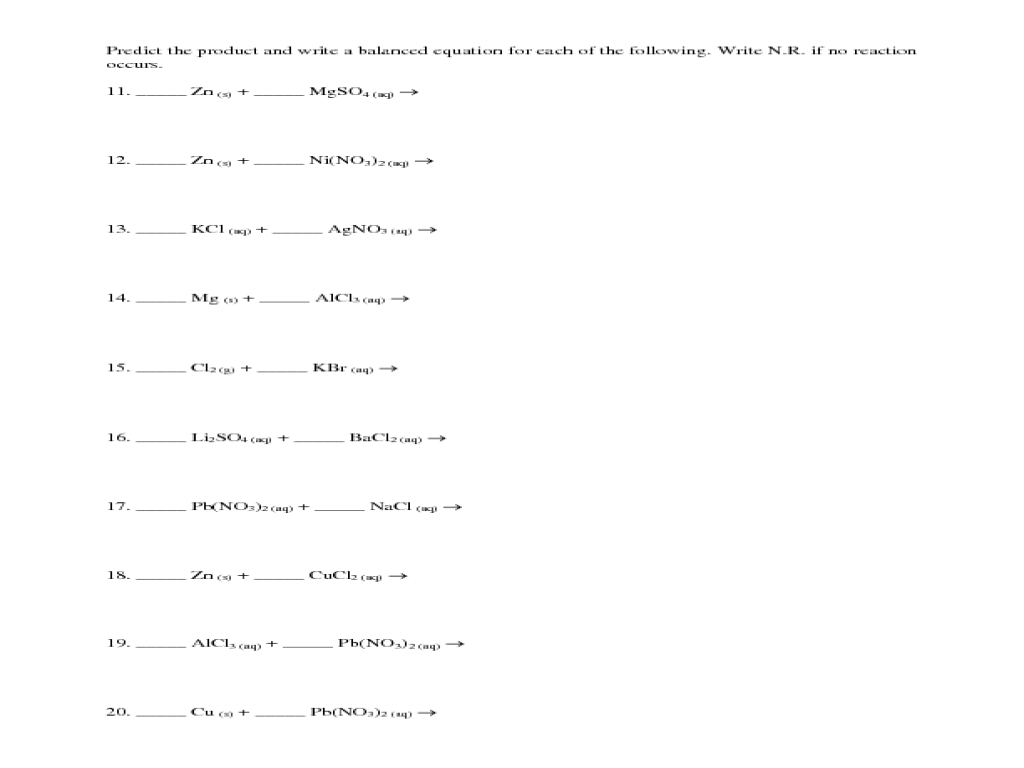 Single Replacement Reaction Worksheets