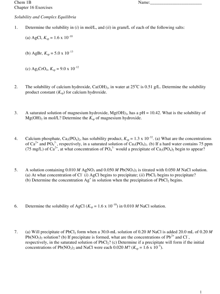 Solubility And Complex Equilibria Worksheet With Answer Key Chemistry 