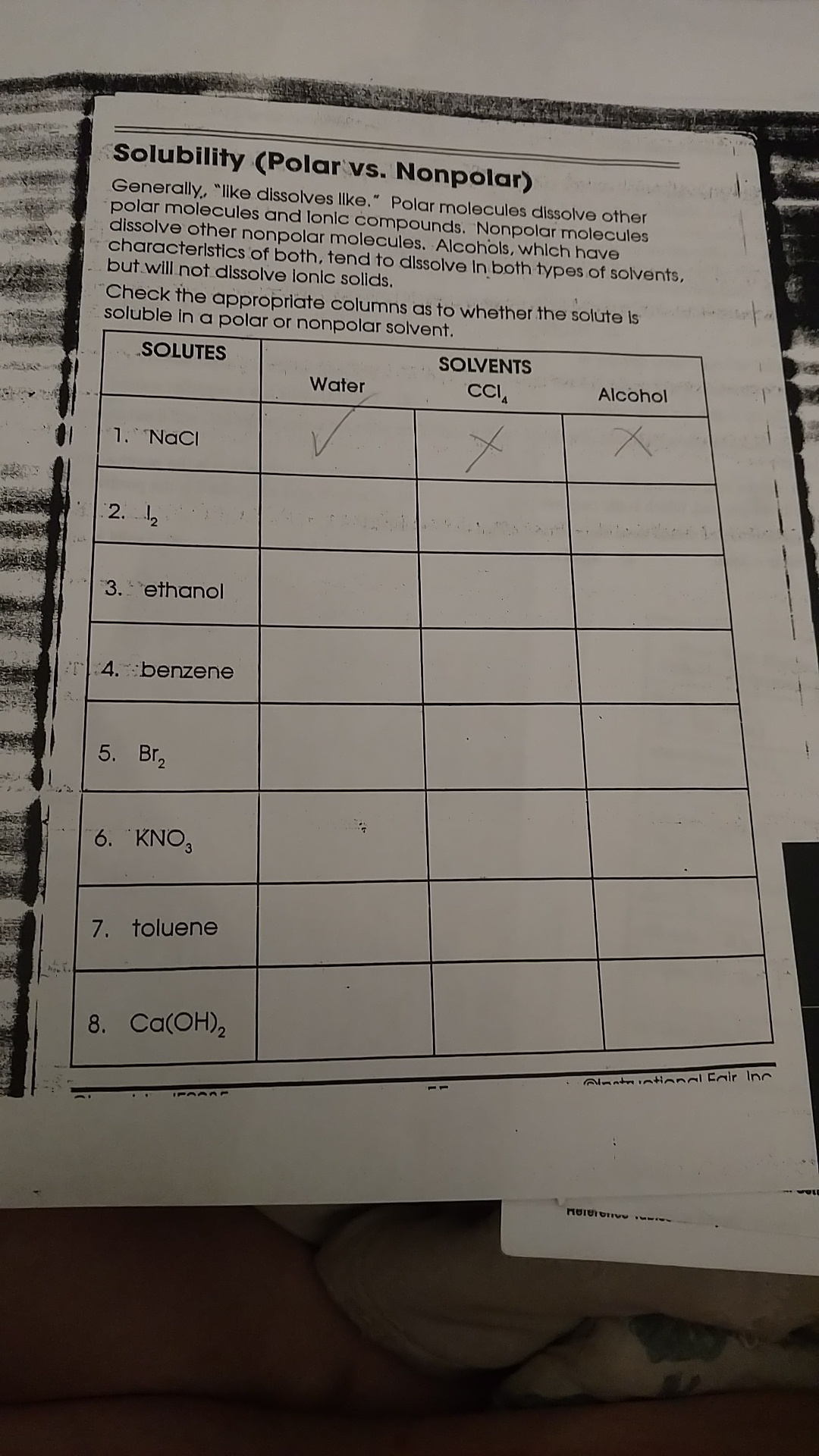 Solubility polar Vs Nonpolar Brainly