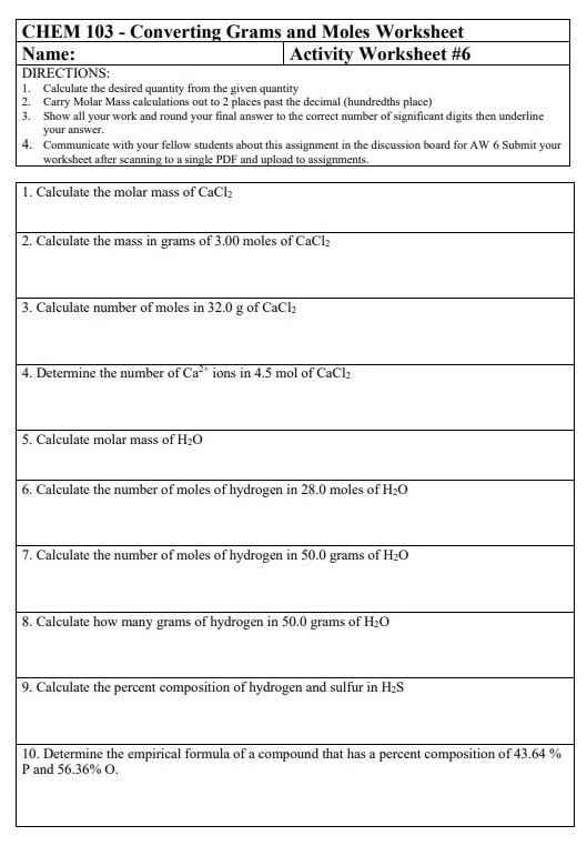 Solved CHEM 103 Converting Grams And Moles Worksheet Na Chegg