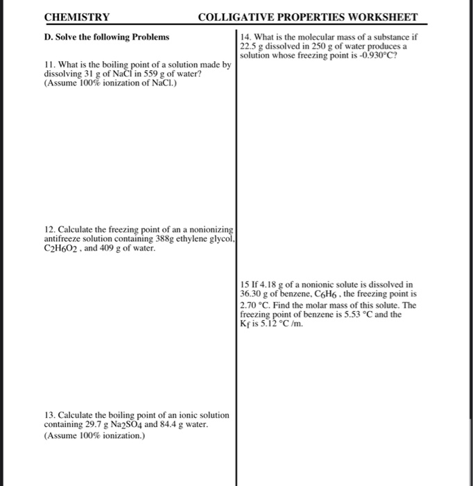 Solved CHEMISTRY COLLIGATIVE PROPERTIES WORKSHEET Practic Chegg