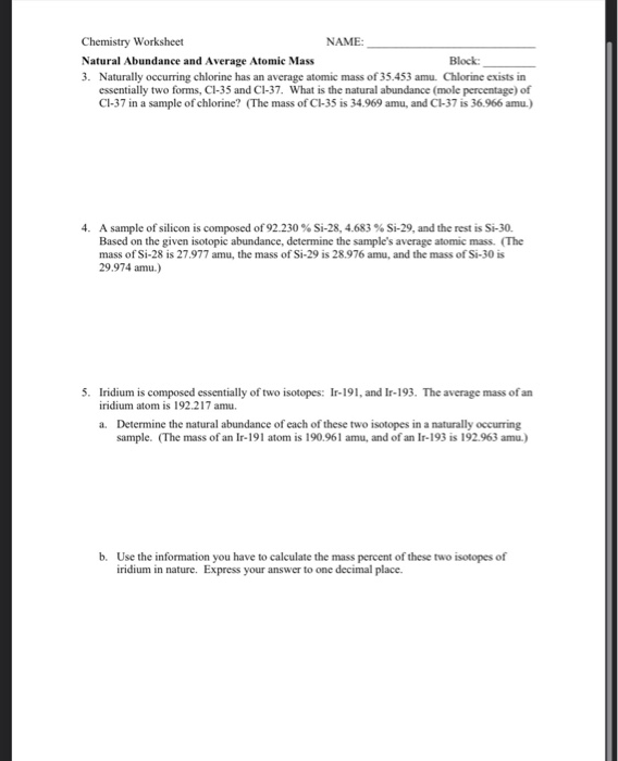 Solved Chemistry Worksheet NAME Natural Abundance And Av Chegg