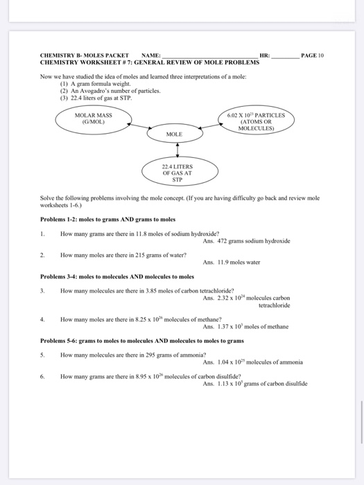 Solved PAGE 10 CHEMISTRY B MOLES PACKET NAME HR CHEMIS Chegg