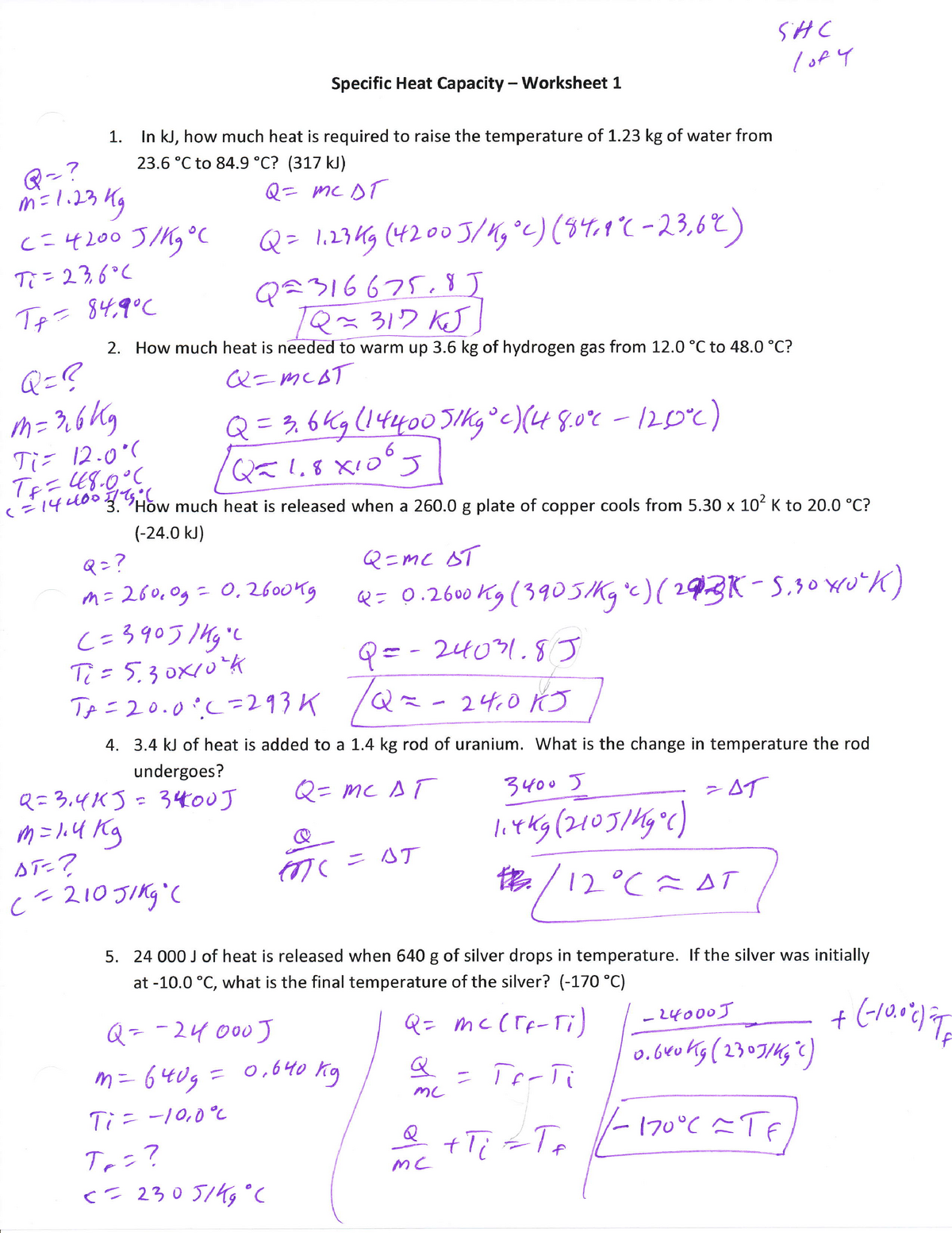 Specific Heat Capacity Worksheet Key Engineering StuDocu